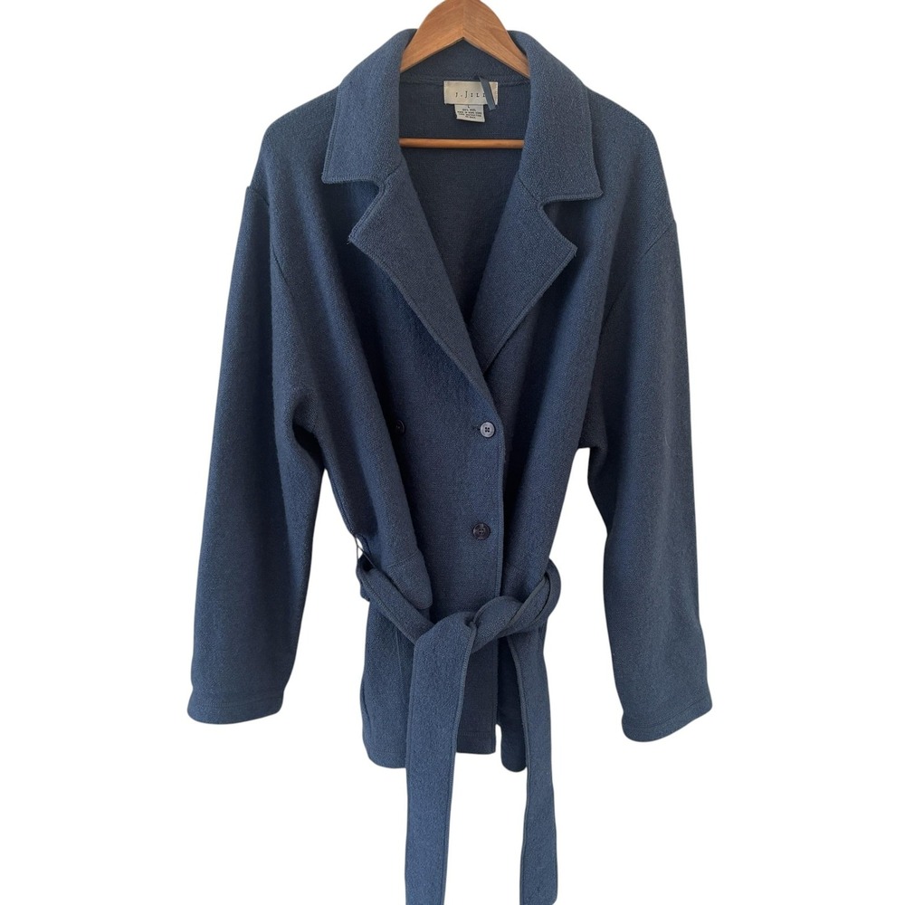 J Jill 100% Wool Belted Cardigan Sweater Womens L Blue Made Hong Kong Minimalist